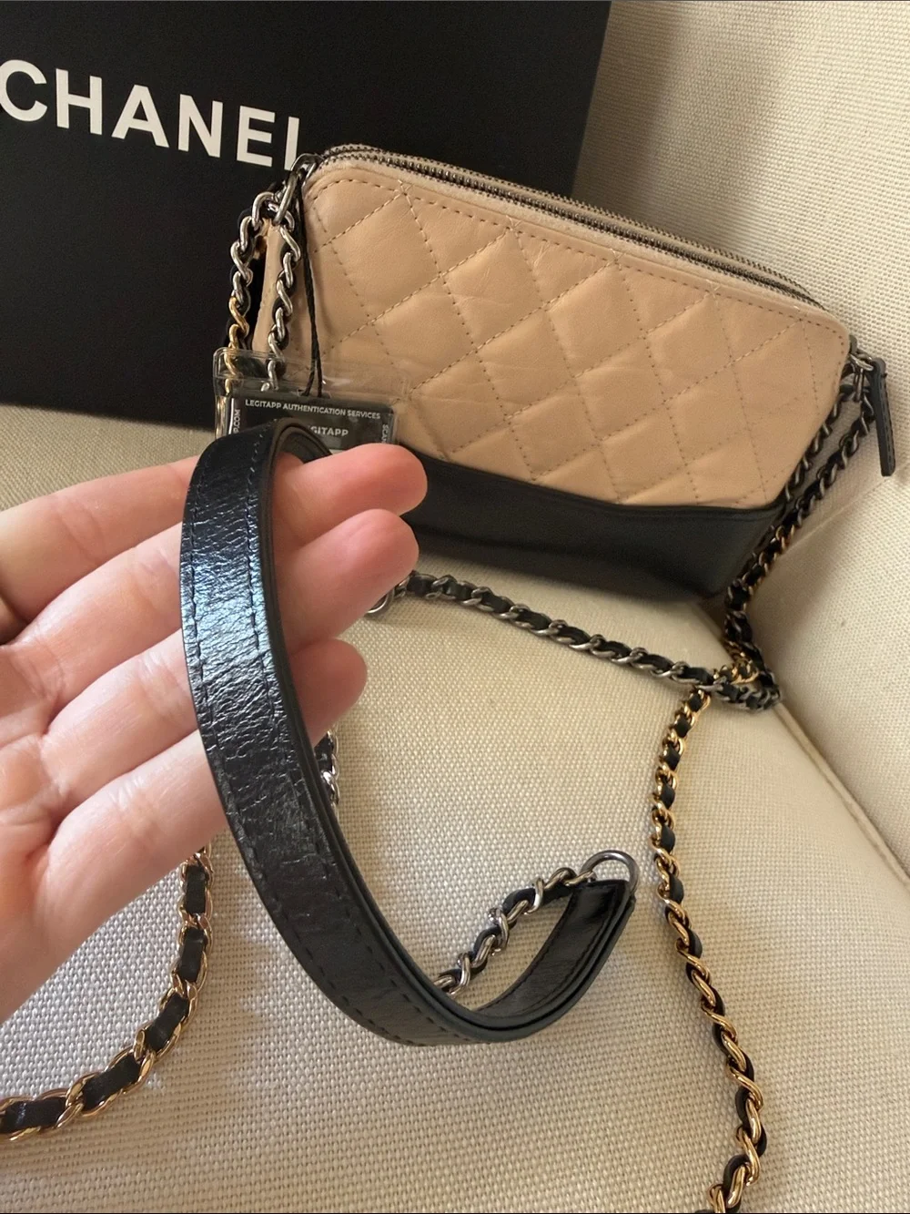 CHANEL Gabrielle aged calfskin Leather Crossbody Clutch w/ two tone chain Strap